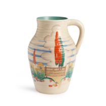 Clarice Cliff (1899-1972) 'Stile and Trees' Pattern Lotus Jug, Burslem, England, late 1930s, gil...