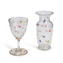 Engraved Millefiori Glass Vase and Goblet, Europe, early 20th century, possibly Saint Louis, flo...