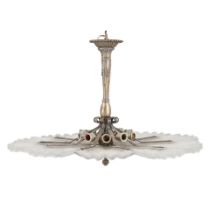 Art Deco Ten-light Chandelier, probably France, c. 1930, silvered brass, molded frosted glass pa...