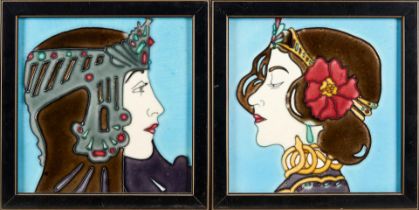 Two J. G. Givet Ceramic Tiles Depicting Art Deco Beauties, France, early 20th century, tubelined...