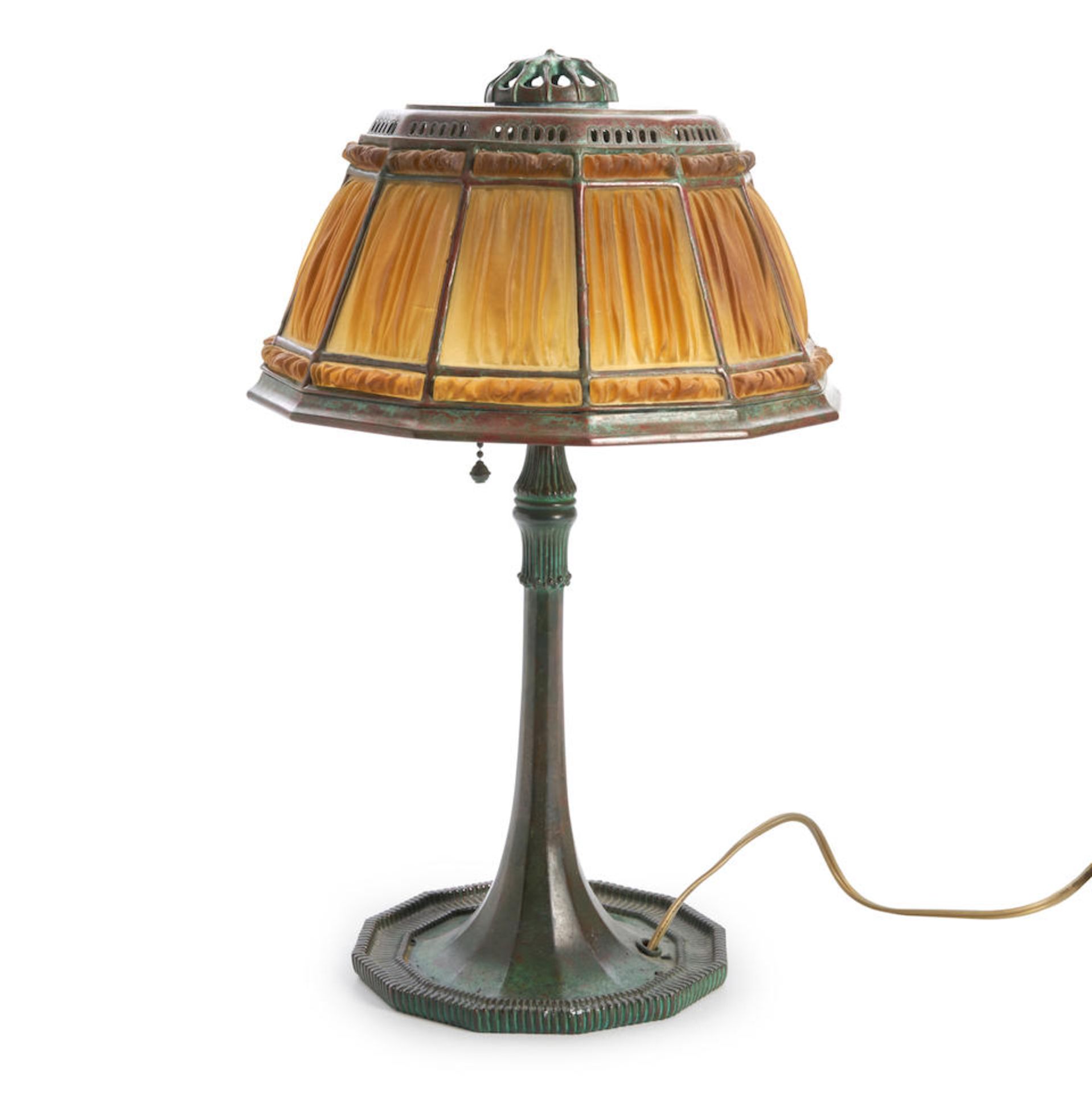 Tiffany Studios Patinated Bronze Desk Lamp with Linen Fold Glass Shade, New York, New York, shad...