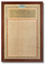 The entire text of the Qur'an on a single printed sheet, with printed illumination in colours an...