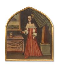 A rare Safavid oil painting depicting a lady in European dress standing in an interior Persia, p...