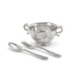 A silver small two-handled bowl together with a spoon and fork all stamped with a crown, the sp...