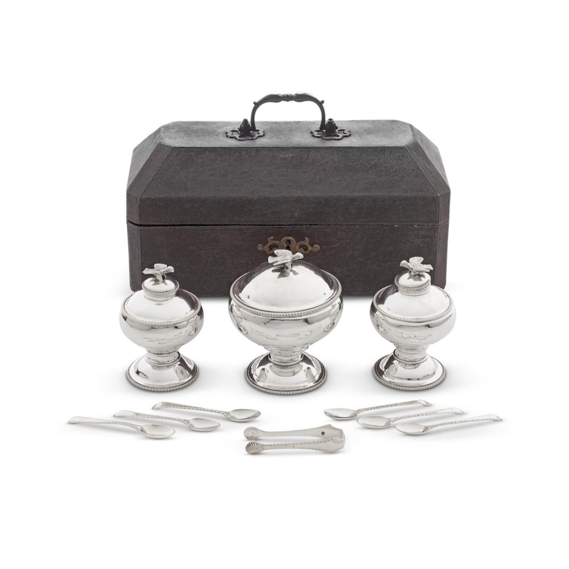 A shagreen cased George III silver three-piece tea caddy set William Lestourgeon, London 1771