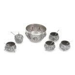 A Burmese silver bowl and mustard pot together with a Chinese export silver condiment set vario...