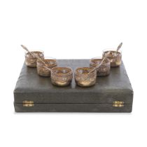 A cased set of six French pierced silver-gilt salts with Minerva head mark, lozenge maker's mark