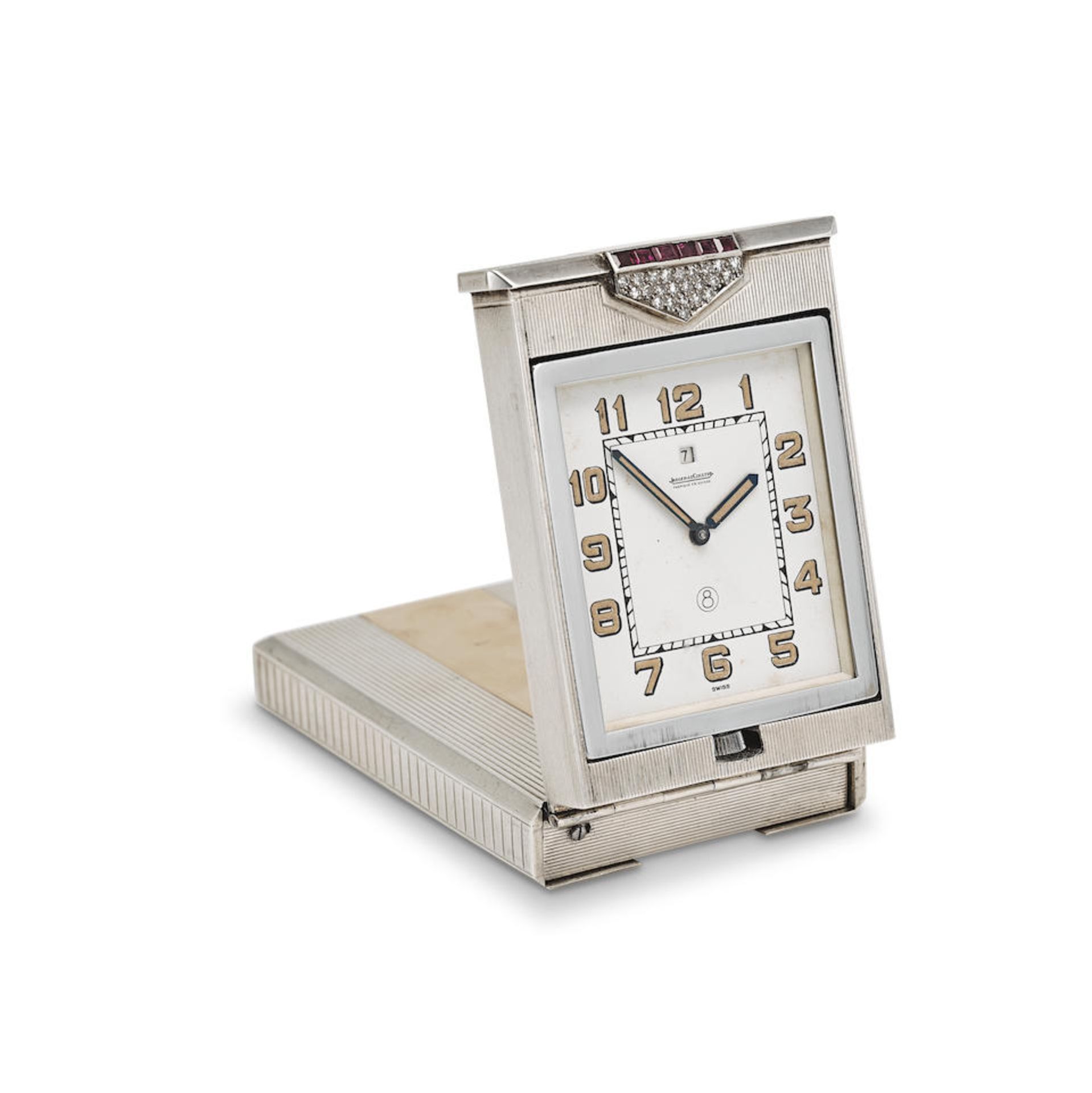 A silver and silver-gilt travelling / desk timepiece case hallmarks for Asprey & Co Ltd, Londo...