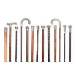 A collection of thirteen silver, white metal and other metal mounted walking sticks and canes in...