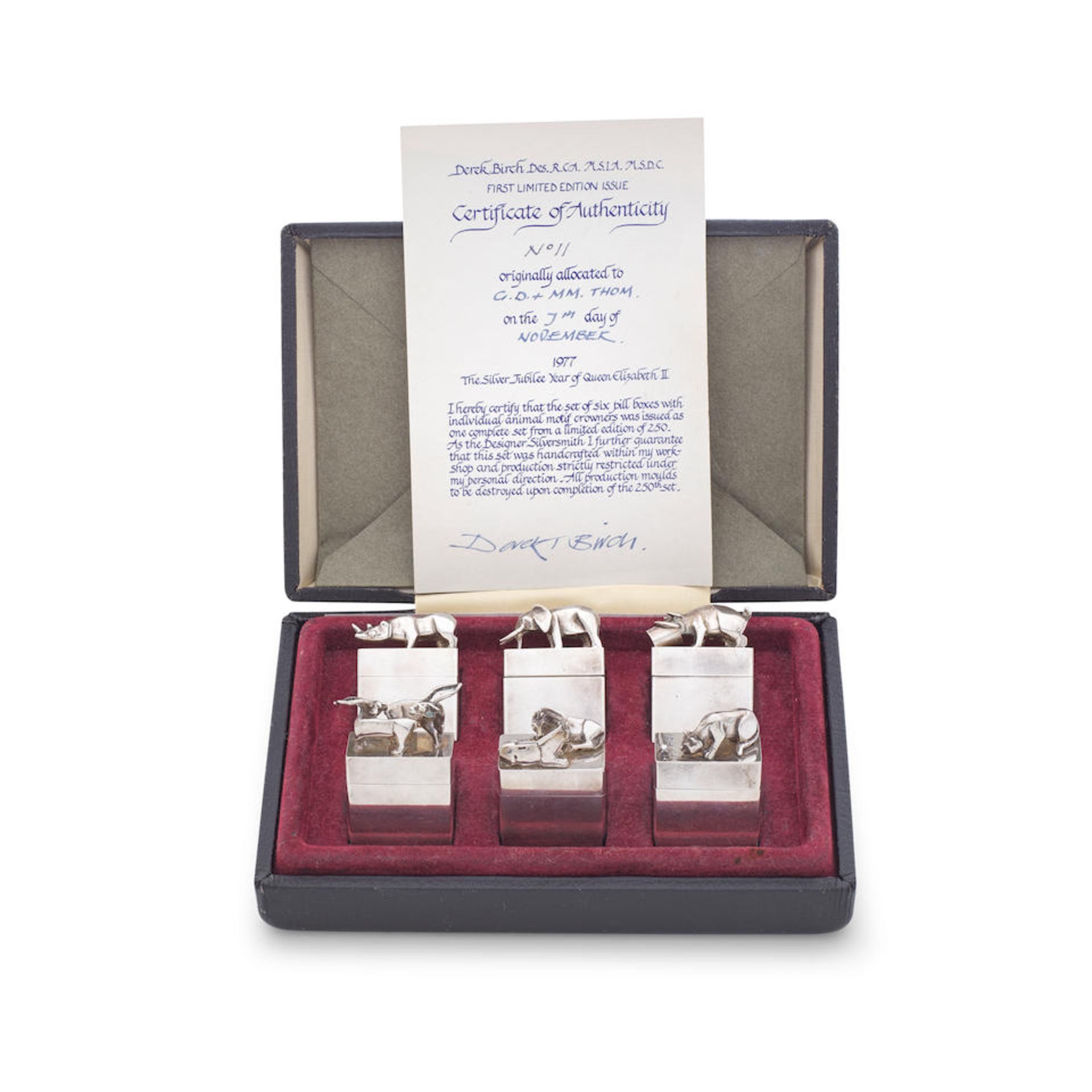 Set of six silver animal boxes Derek T Birch, Birmingham 1977, with certificate limited edition...