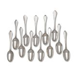 A set of eight George II silver dog nose spoons Isaac Callard, London 1732 With drop heel, reve...