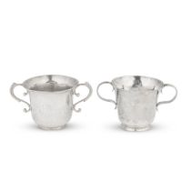 Two 18th century Channel Islands silver two-handled christening cups maker's marks only, one IH ...