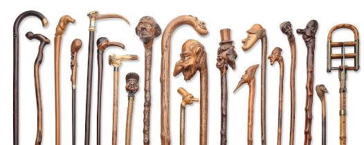 A good collection of novelty carved briar and other wood walking sticks and canes, the majority...