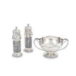 A silver two-handled bowl Pearce & Sons, London 1910 together with a pair of pierced silver suga...