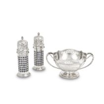 A silver two-handled bowl Pearce & Sons, London 1910 together with a pair of pierced silver suga...