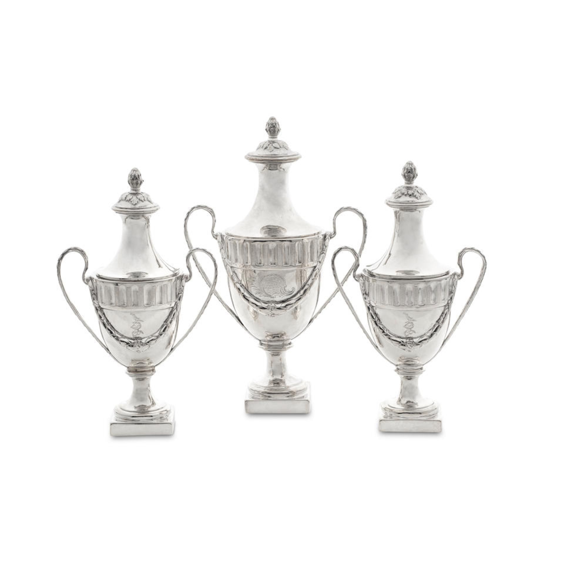 A set of three George III silver two-handled tea and sugar vases / condiment vases Thomas Heming...
