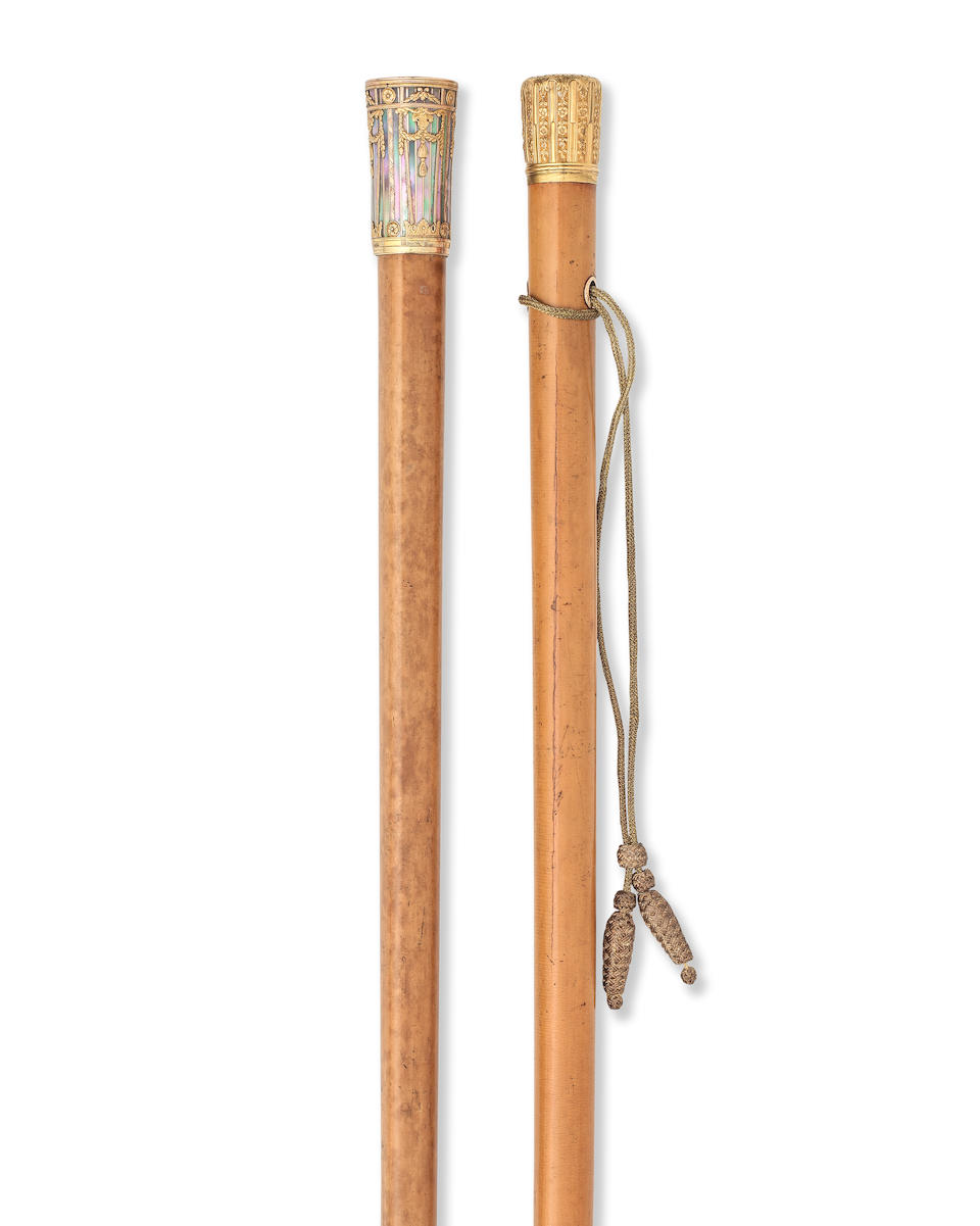 A George III gold mounted walking cane together with a late 18th / early 19th century bi-coloure...