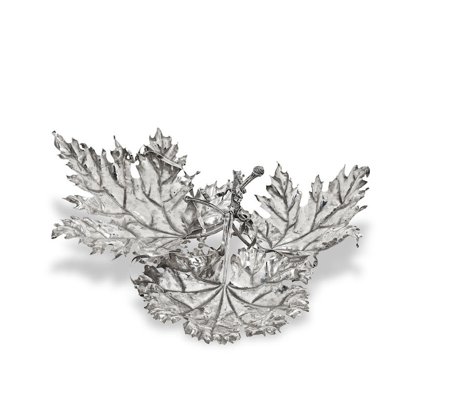 BUCCELLATI: a silver leaf-form tripartite centrepiece dish Del Vallino, Milan circa 1980, incuse...