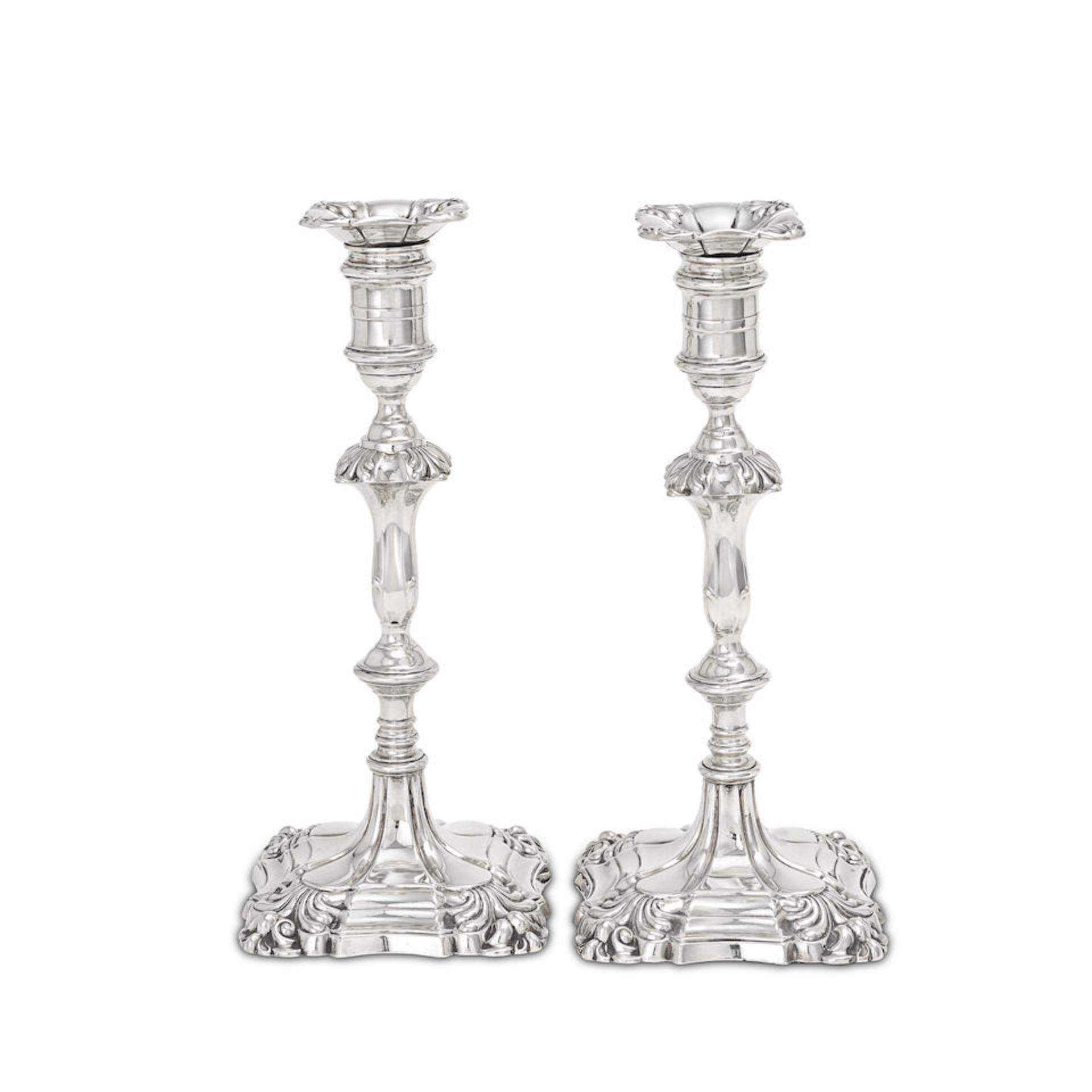 A pair of 18th century style silver candlesticks Thomas A Scott, Sheffield 1911