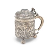 A metal lidded tankard struck with three pseudo 'Falske maerker' maker's mark,