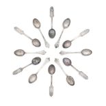 Two Arts and Crafts cased sets of six silver tea spoons Sybil Dunlop, London 1933 (12)