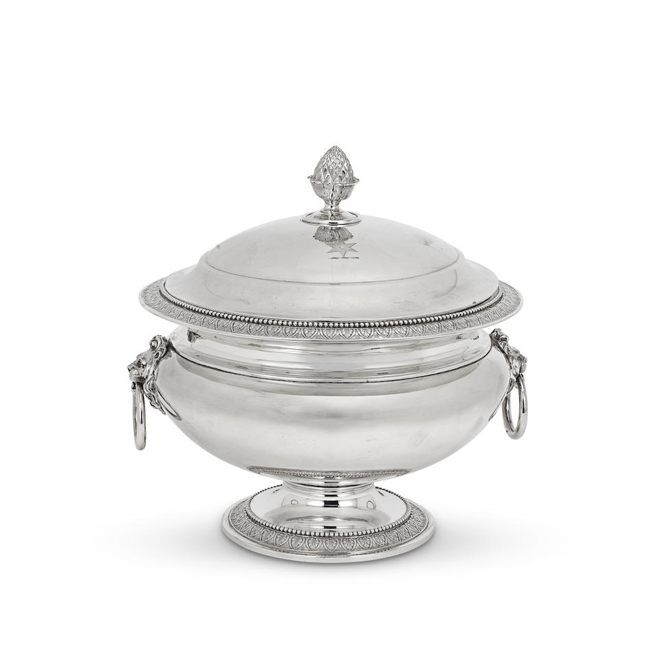 A Victorian silver covered soup tureen with liner John Samuel Hunt, London 1864, underside of th...