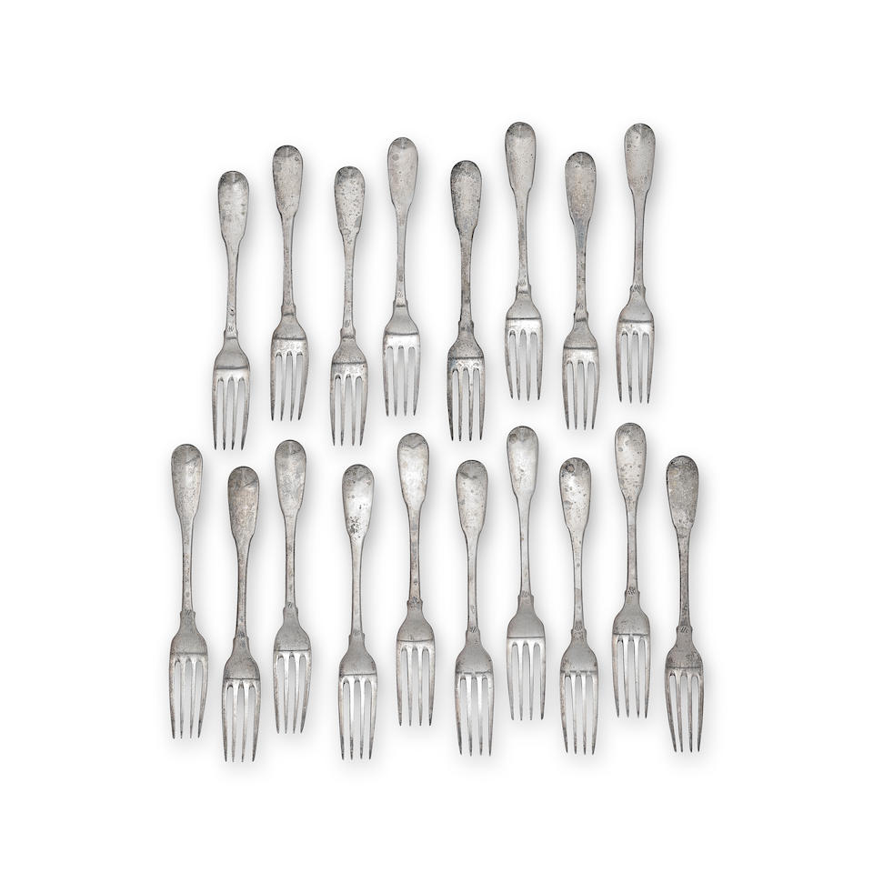 A set of eighteen 19th century French silver Fiddle pattern table forks possibly Pierre Queille,...