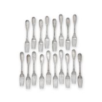 A set of eighteen 19th century French silver Fiddle pattern table forks possibly Pierre Queille,...