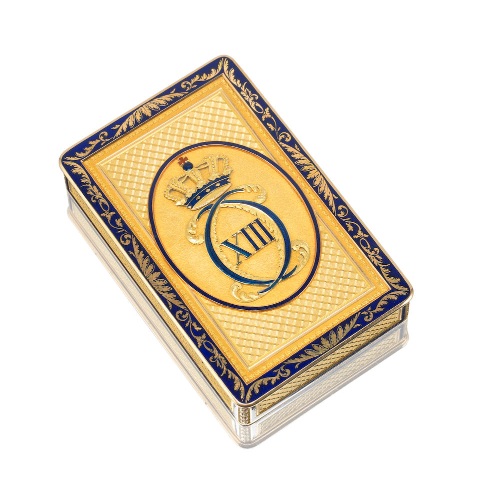 An early 19th century German gold and enamel Royal presentation box Hanau, circa 1805, stamped '...
