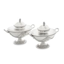 A good pair of George III silver Neo Classical two-handled sauce tureens and covers John Carter,...