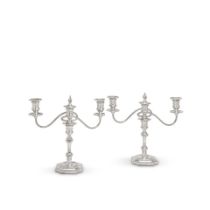 A pair of silver three-light candelabra Richard Woodman Burbridge, Harrods Ltd, Birmingham 1961 ...