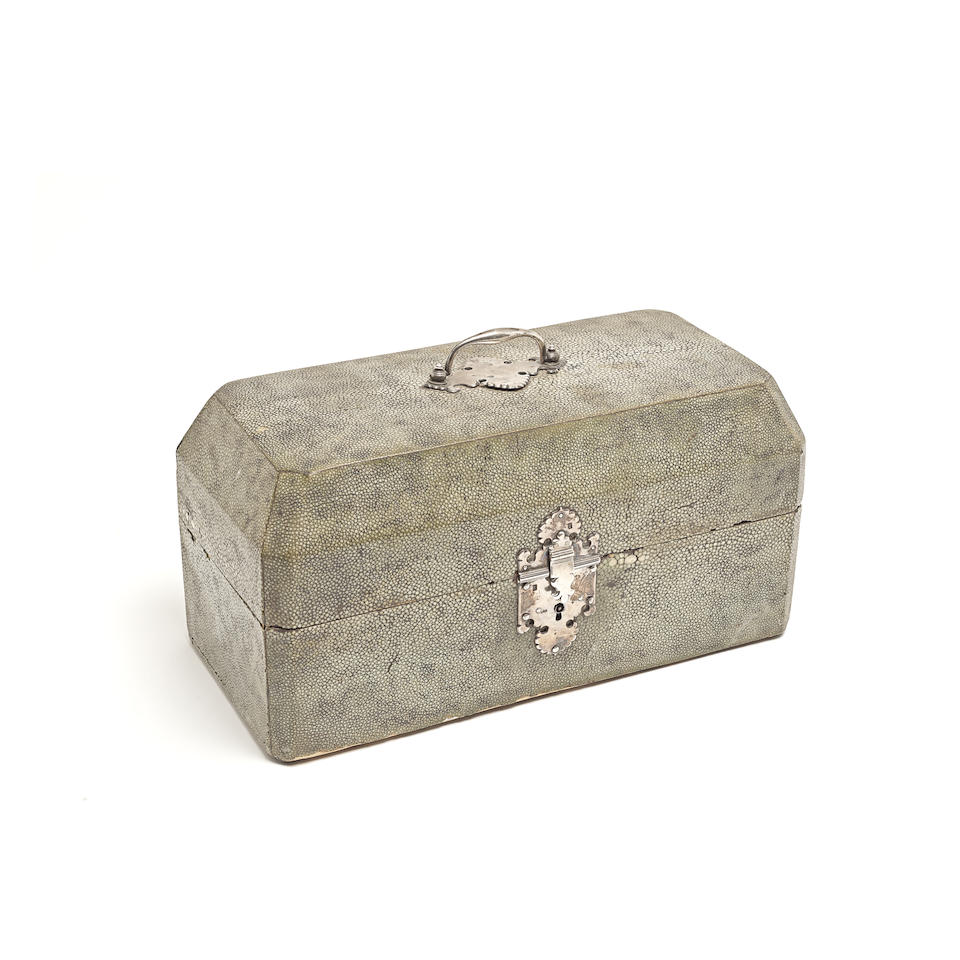 A shagreen cased George II silver three-piece tea caddy set together with twelve spoons, a mote ... - Image 2 of 2