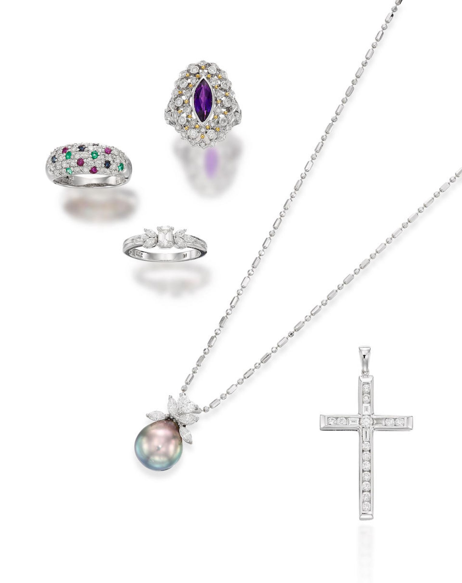 GROUP OF CULTURED PEARL, GEM-SET AND DIAMOND JEWELLERY (5)