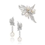 CULTURED PEARL AND DIAMOND BROOCH AND PENDENT EARRING SET (2)