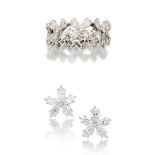 PAIR OF DIAMOND 'FLOWER' EARRINGS, AND DIAMOND ETERNITY RING (2)