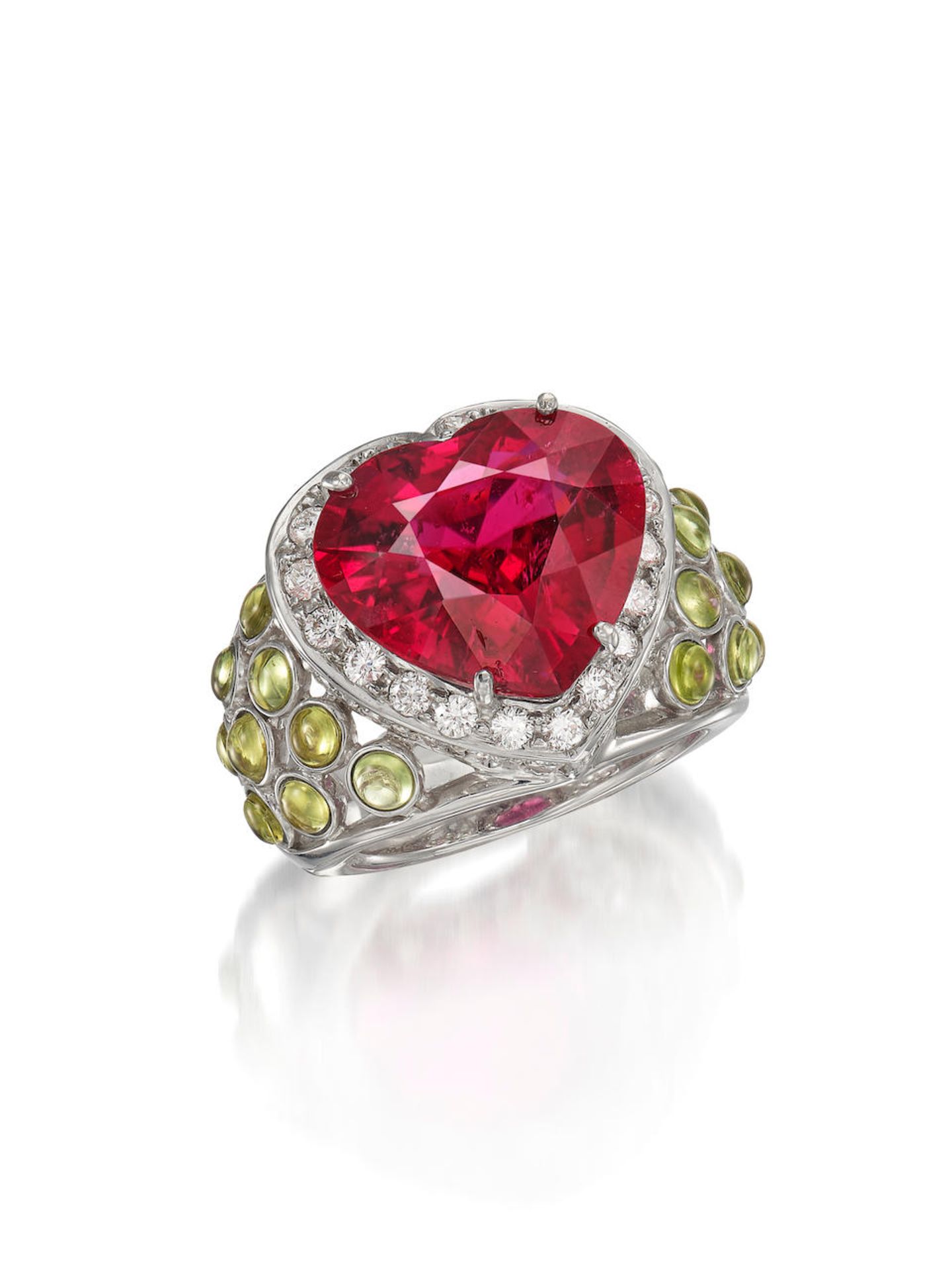 RUBELLITE TOURMALINE, PERIDOT AND DIAMOND RING