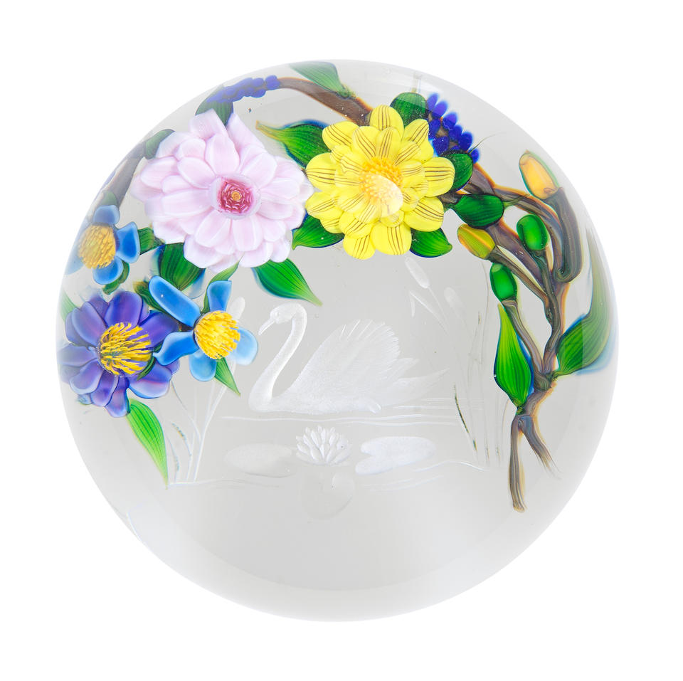 A Debbie Tarsitano and Max Erlacher collaborative engraved floral bouquet magnum paperweight, da...