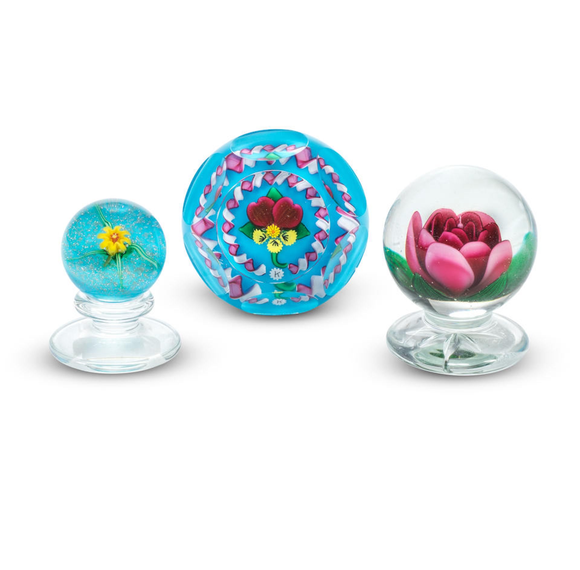 Three Charles Kaziun Jr flower paperweights, circa 1960-80