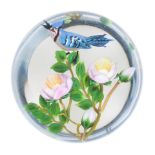 A Rick Ayotte and Paul Stankard collaborative blue jay and tea roses paperweight, dated 1982