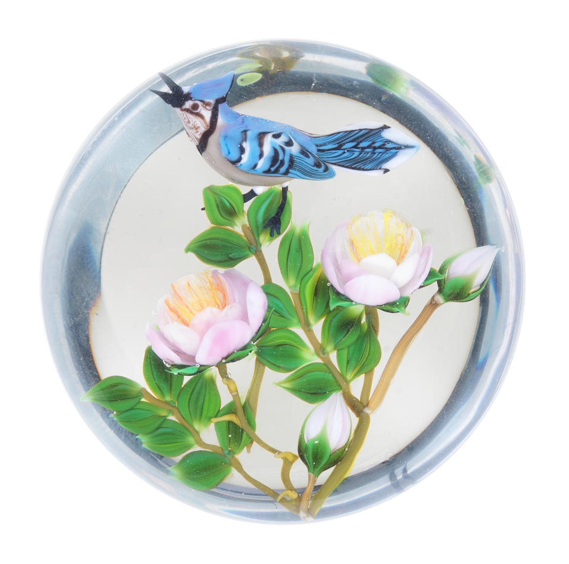 A Rick Ayotte and Paul Stankard collaborative blue jay and tea roses paperweight, dated 1982