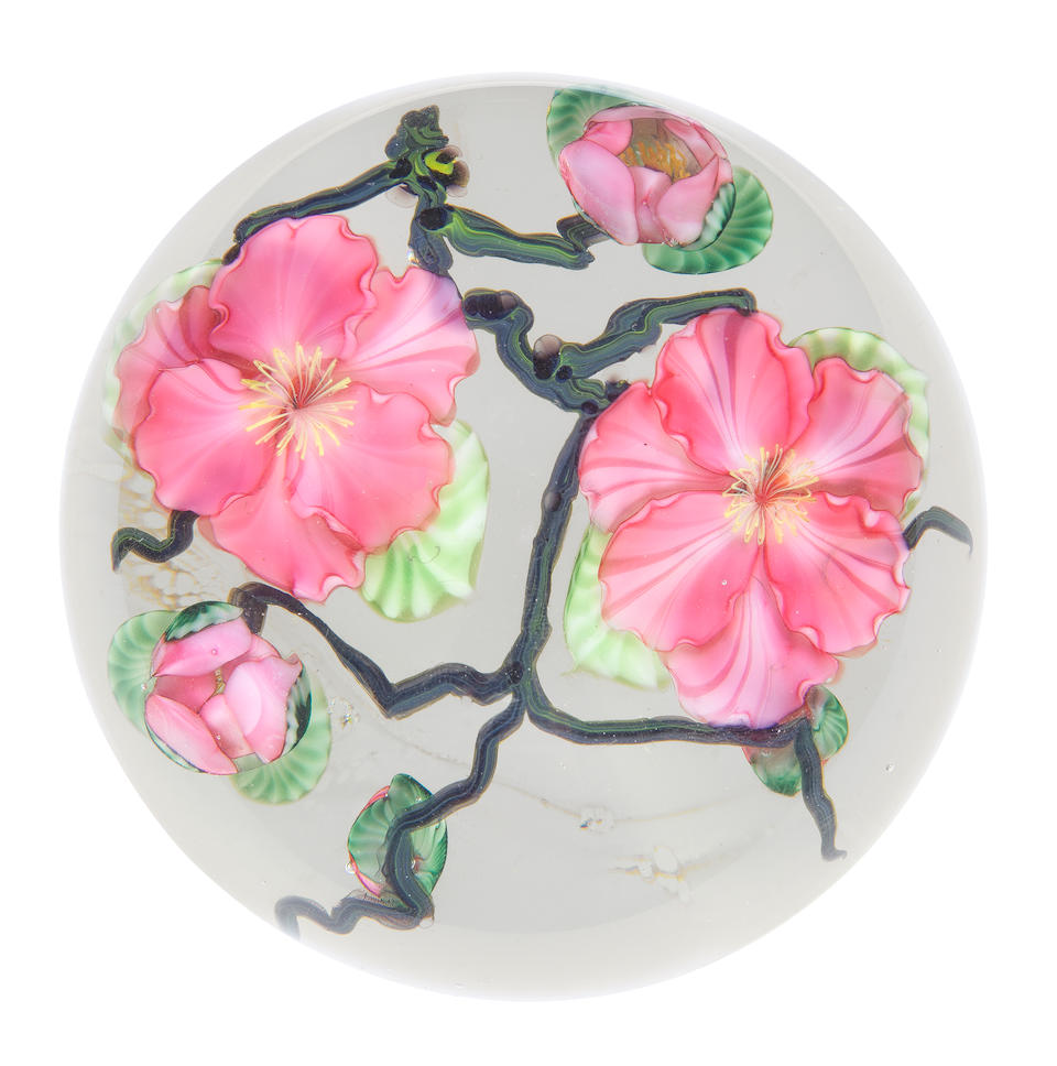 A Lundberg Studios cherry blossom super magnum paperweight by Daniel Salazar, dated 1992