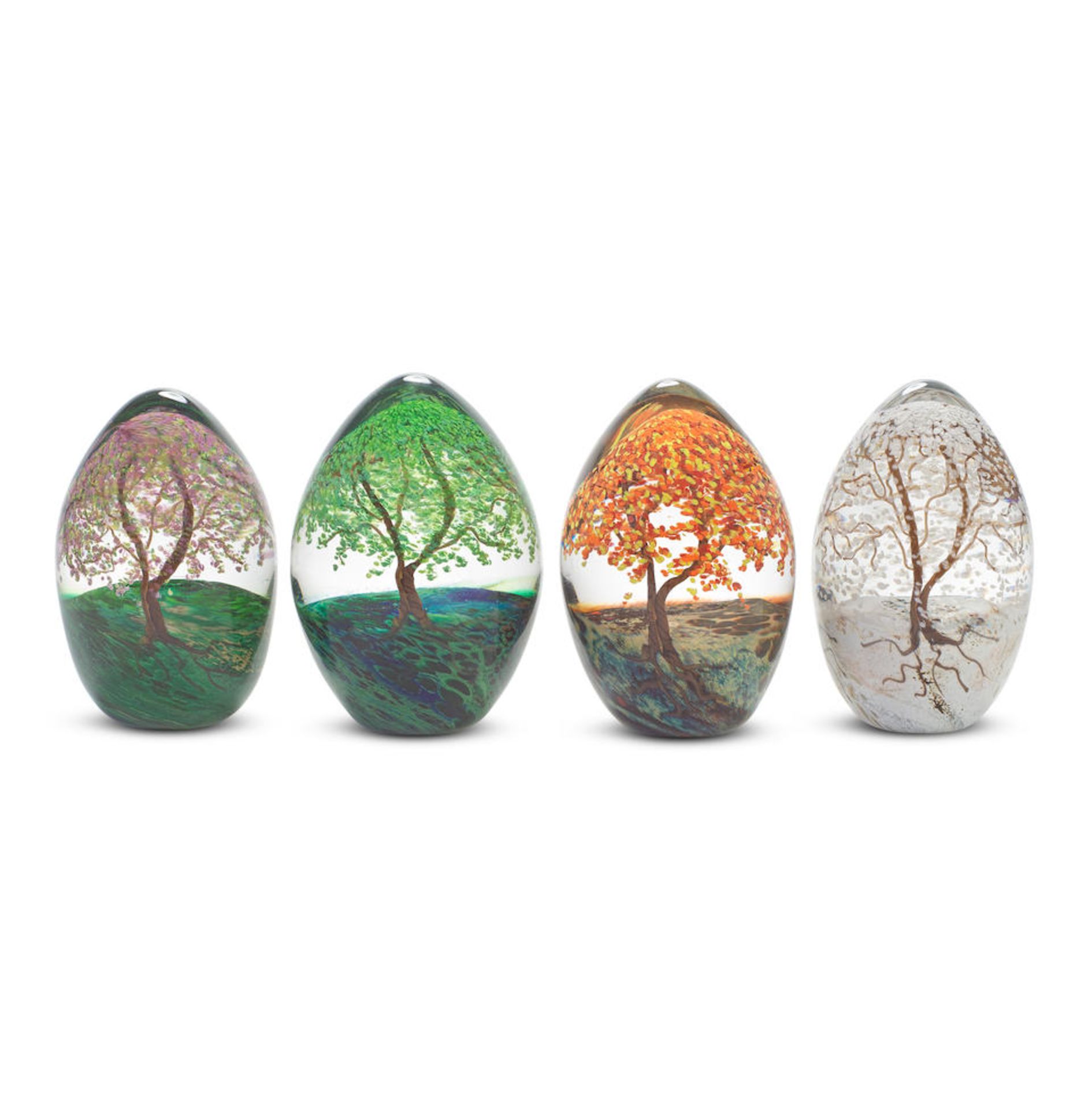 A set of four Cathy Richardson upright paperweights from the 'Forest Seed' series, dated 2008