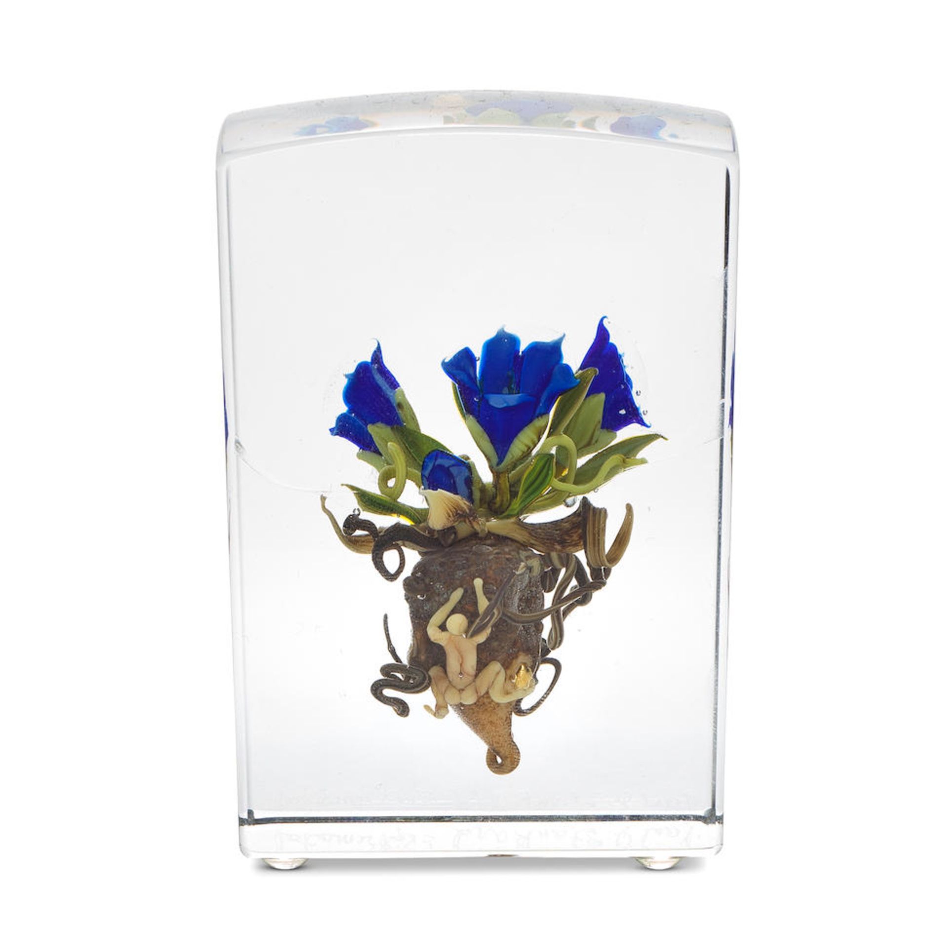 A Paul Stankard experimental pine barren gentians 'Botanical Cube' upright paperweight, circa 1995