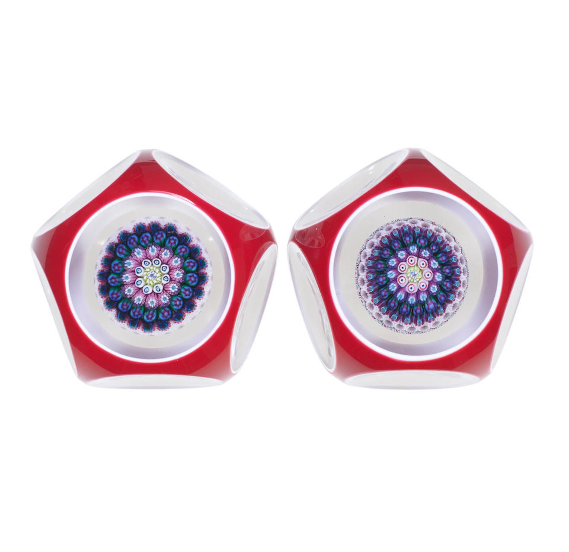 Two St Louis faceted double-overlay concentric millefiori mushroom paperweights, dated 1970