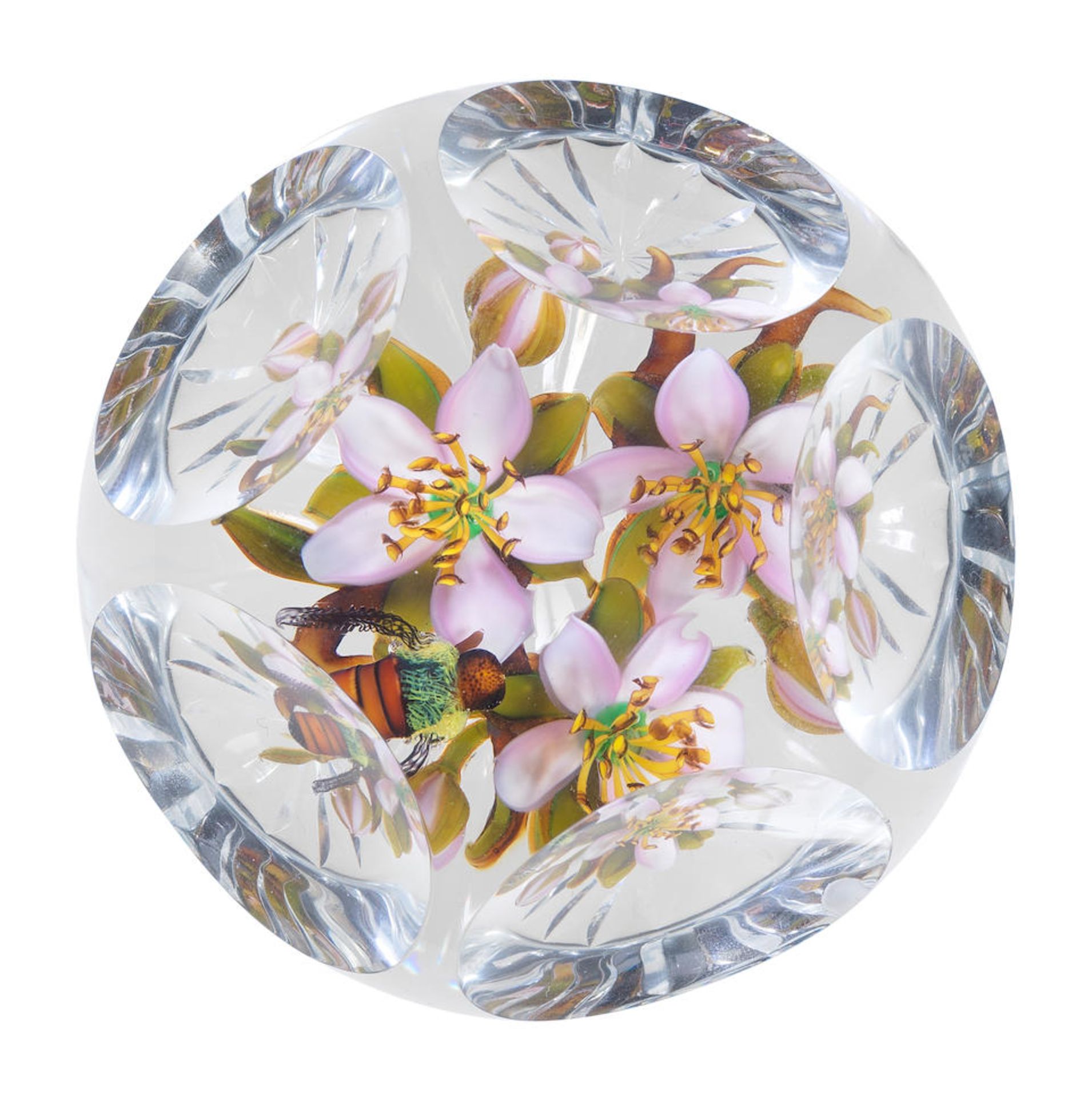 A Ken Rosenfeld faceted honeybee and tea roses magnum paperweight, circa 2005