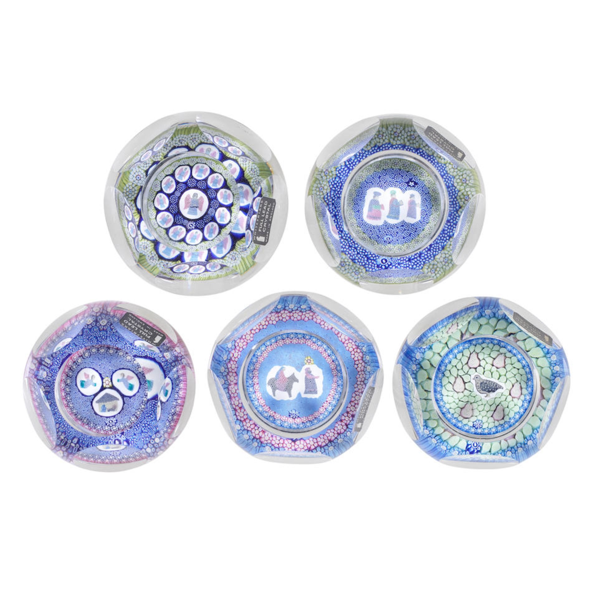 A set of five Whitefriars faceted patterned millefiori Christmas paperweights, dated 1975-79