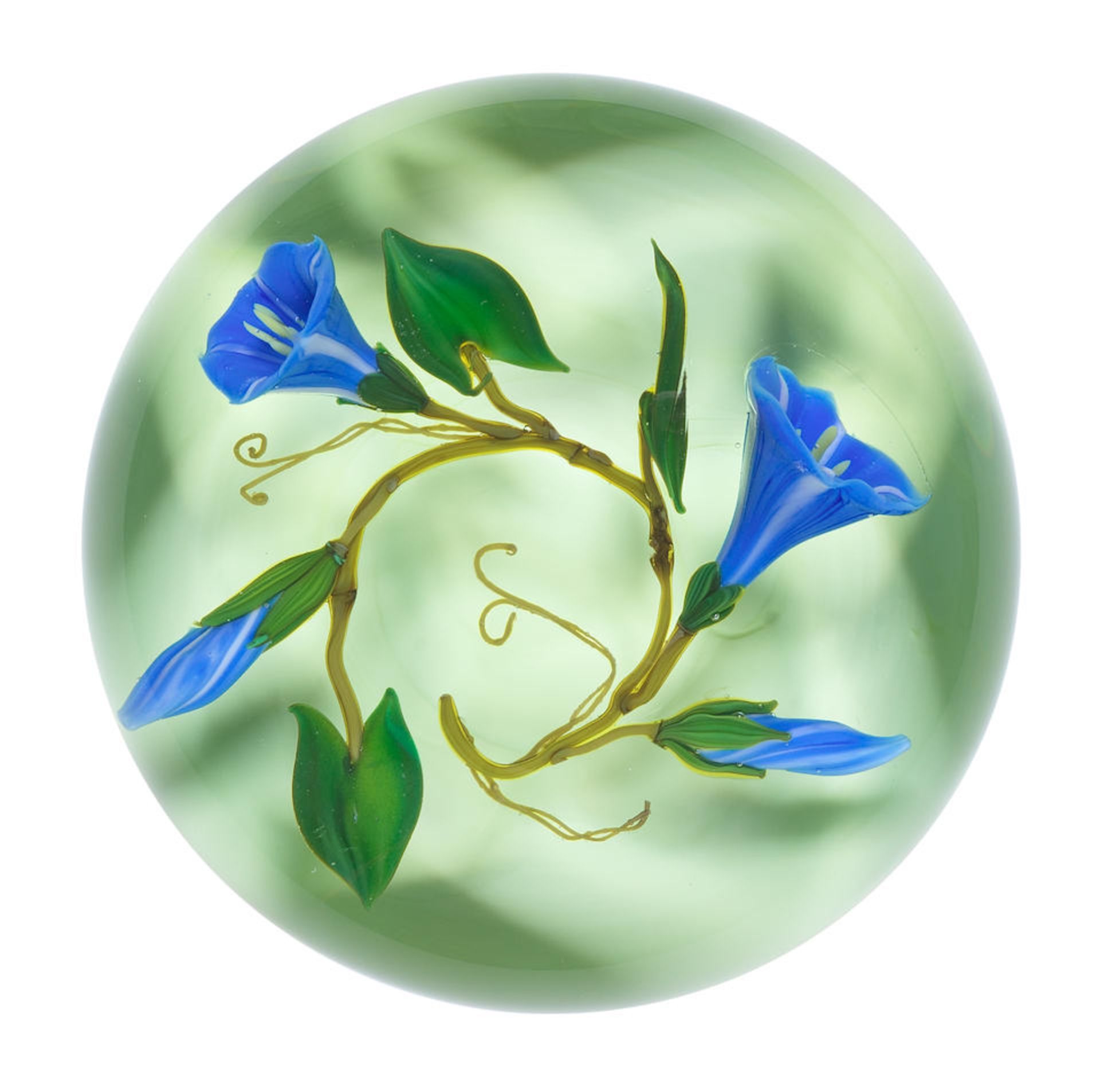 A Paul Stankard blue morning glory botanical colour ground paperweight, circa 1984