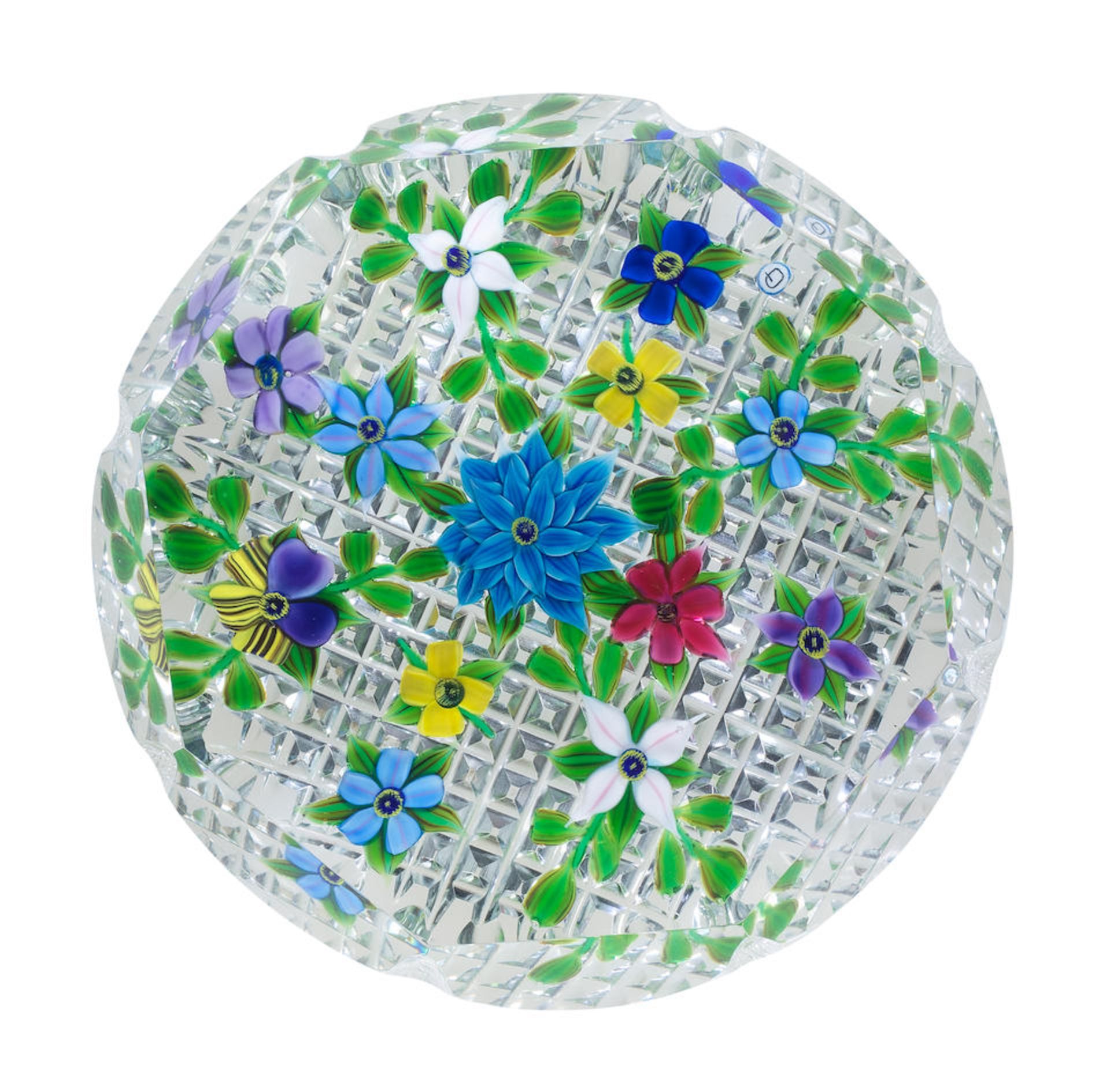 A Debbie Tarsitano faceted floral collage magnum paperweight, circa 1990