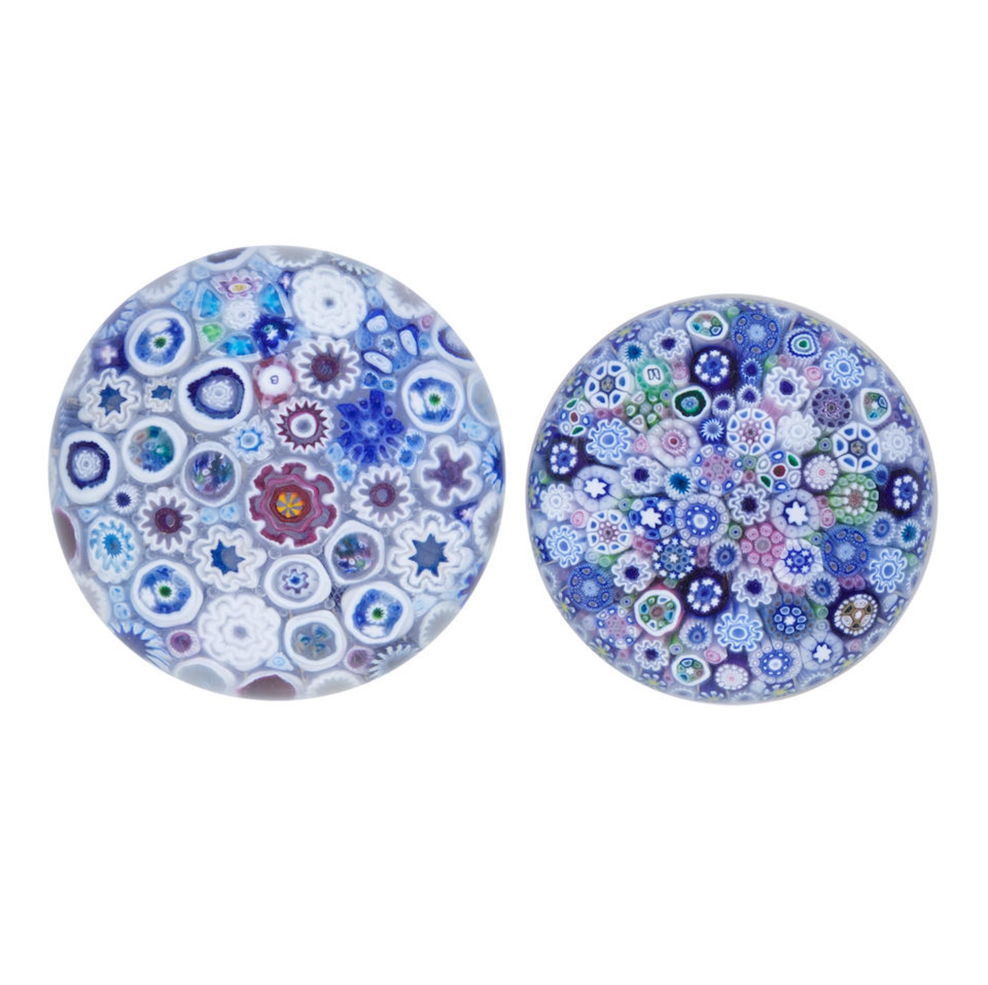 Two Jim Brown close-packed millefiori paperweights, dated 2002 and 2005