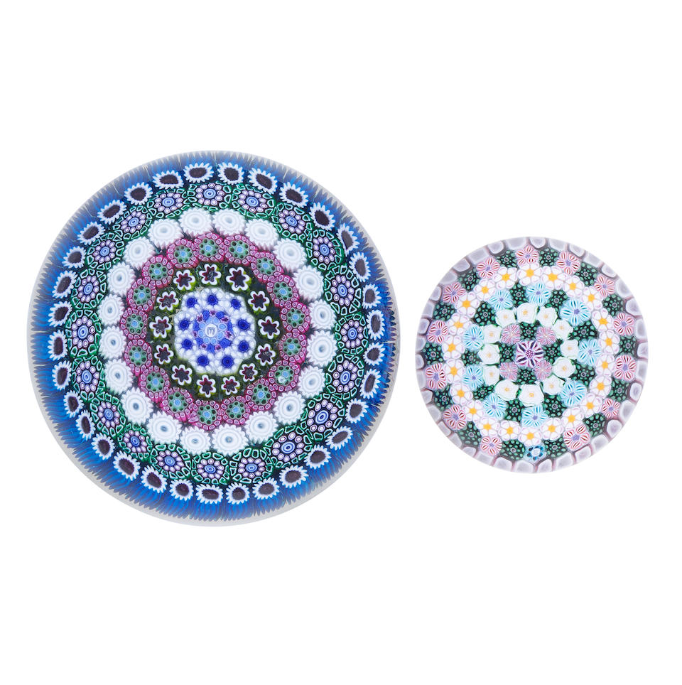 Two Drew Ebelhare concentric millefiori paperweights, dated 2000